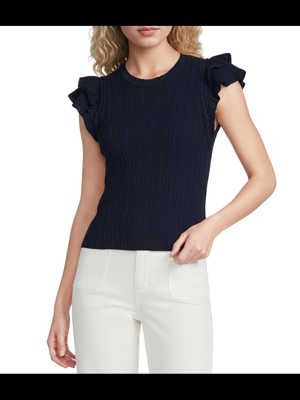 Gilli Navy Ribbed Double Ruffle Sleeve Knit Top